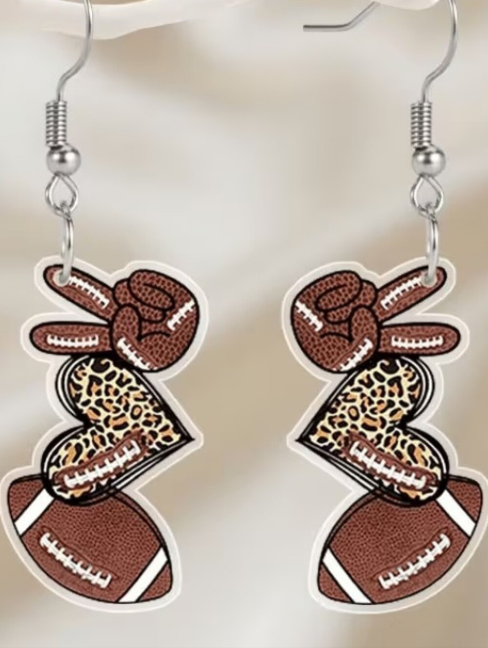 Football & Leopard Heart Dangle Earrings - Brown, Tan, Black